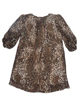 Eva Mendes Shift Dress Women's M Brown Leopard Print Puff Sleeve Classic Boho